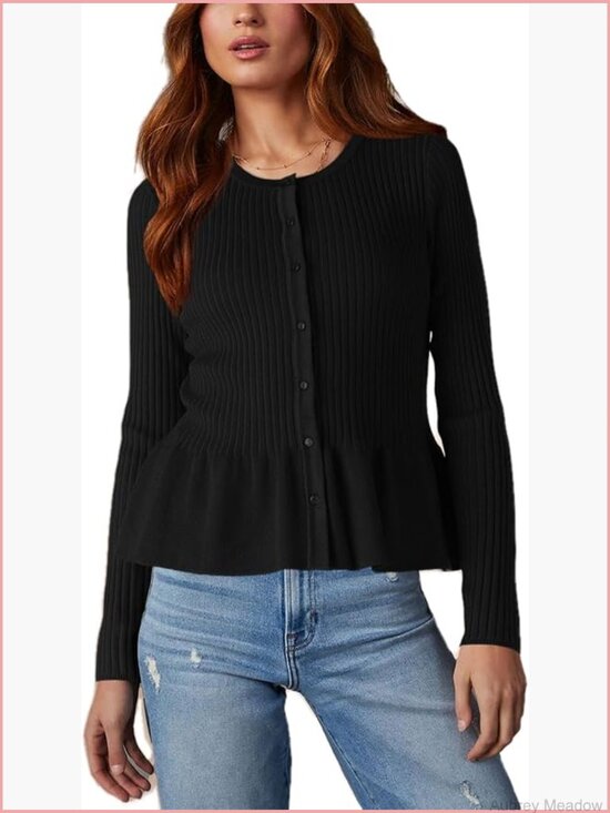 Sweaters - Long Sleeve Cardigan Peplum Sweater Crew Neck Button Tops Knit Ribbed Elegant